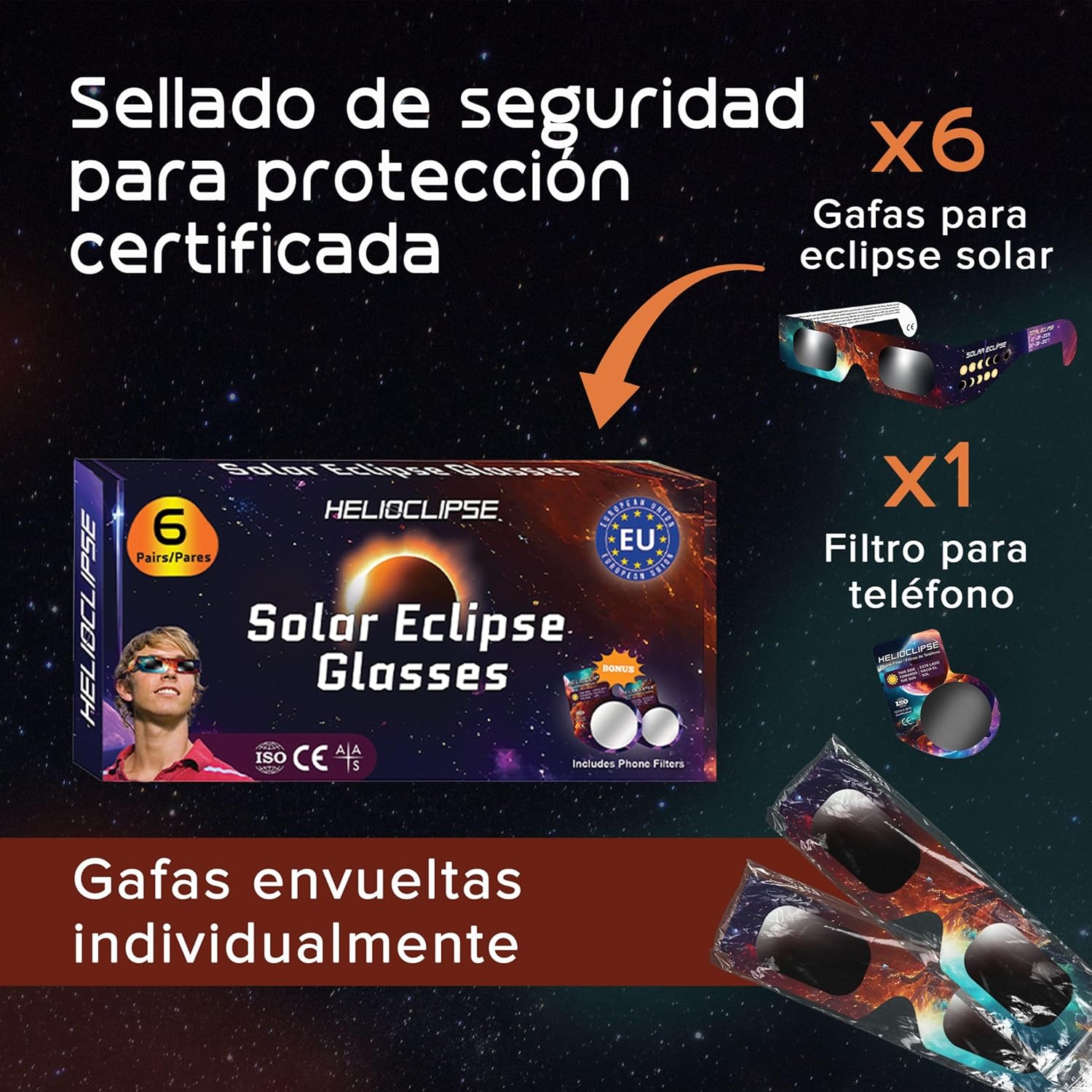 6 Pack Gafas Eclipse Solar Certificación ISO 12312-2